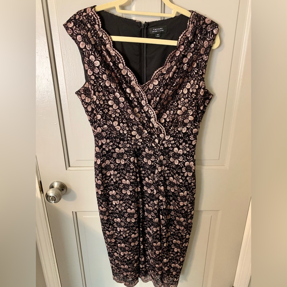 Tahari ASL Black Lace Midi Dress with Blush Floral